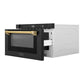 ZLINE Autograph Edition 24 in. 1.2 cu. ft. Built-in Microwave Drawer in Black Stainless Steel with Polished Gold Accents (MWDZ-1-BS-H-G) side, open.