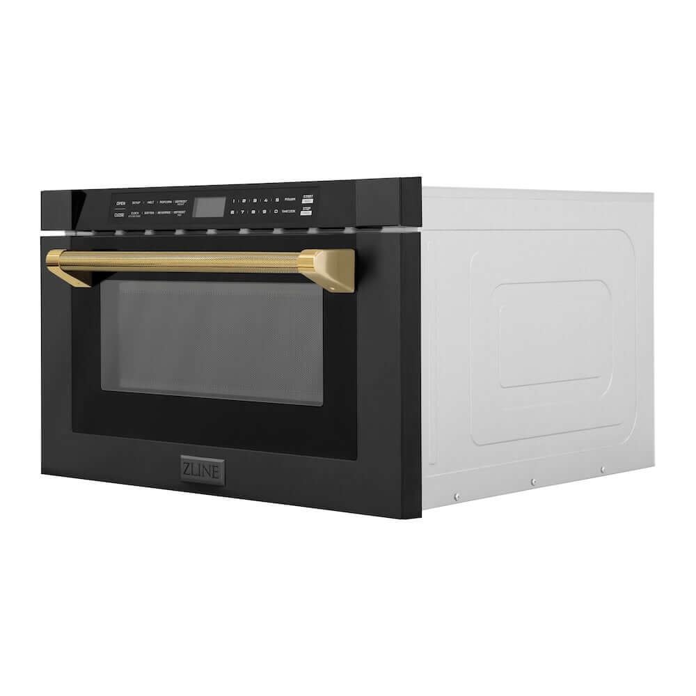 ZLINE Autograph Edition 24 in. 1.2 cu. ft. Built-in Microwave Drawer in Black Stainless Steel and Polished Gold Helix Handle (MWDZ-1-BS-H-KG) side.