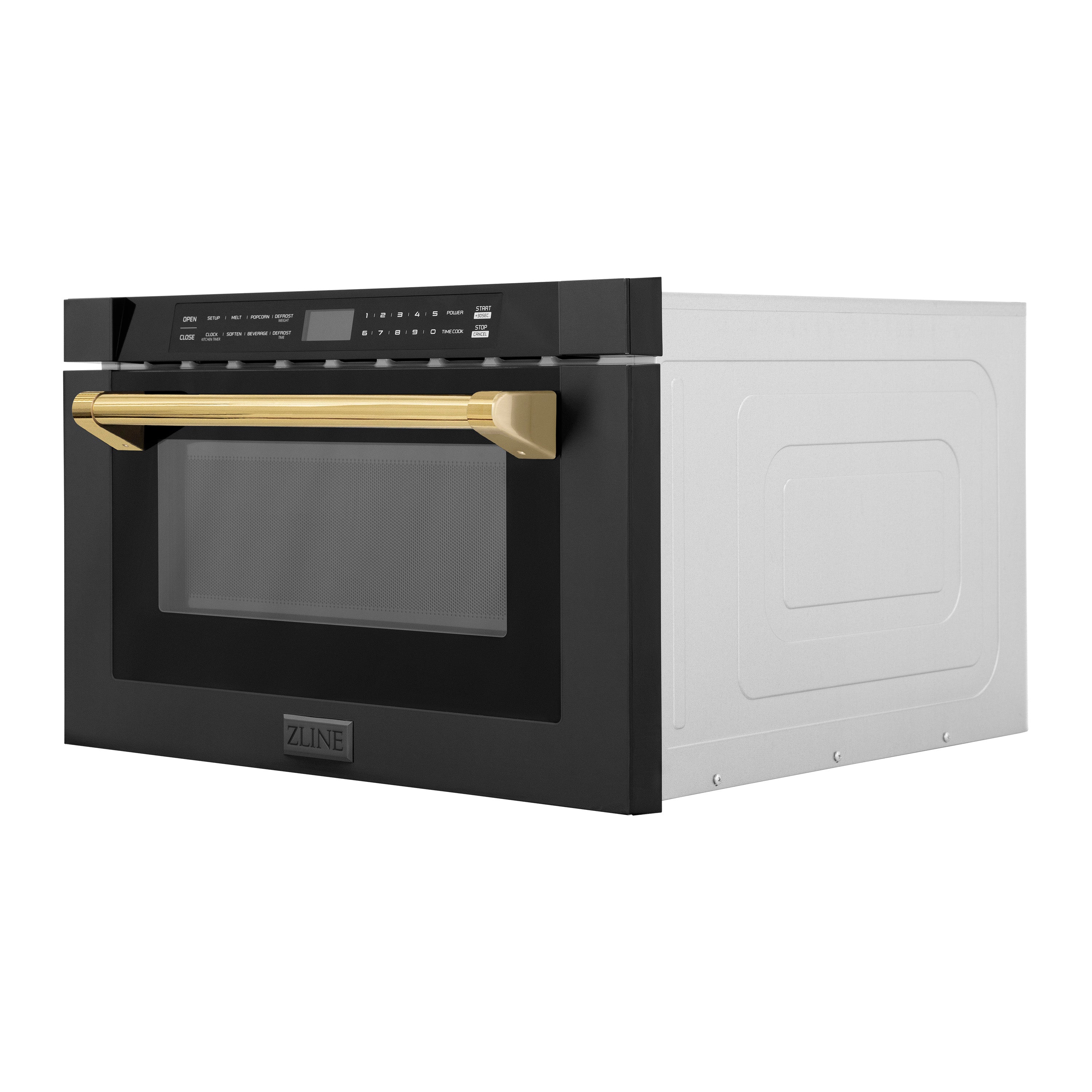 ZLINE Autograph Edition 24 in. 1.2 cu. ft. Built-in Microwave Drawer in Black Stainless Steel with Gold Accents (MWDZ-1-BS-H-G) Side View Drawer Closed