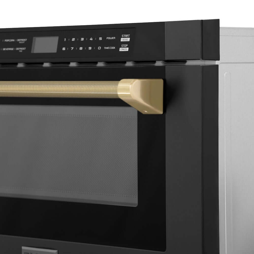 ZLINE Autograph Edition 24 in. 1.2 cu. ft. Built-in Microwave Drawer in Black Stainless Steel and Champagne Bronze Helix Handle (MWDZ-1-BS-H-KCB) Helix handle on microwave exterior showing knurled diamond texture.