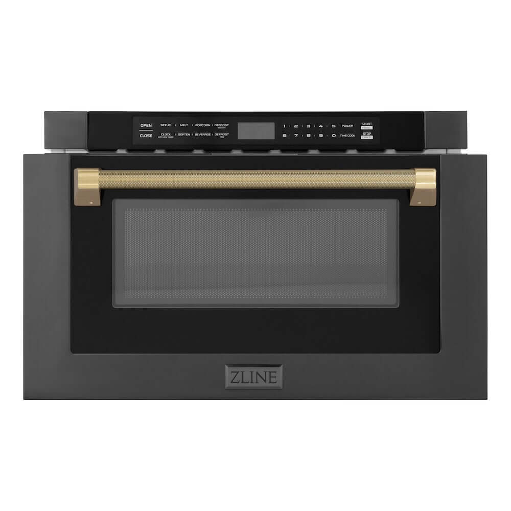 ZLINE Autograph Edition 24 in. 1.2 cu. ft. Built-in Microwave Drawer in Black Stainless Steel and Champagne Bronze Helix Handle (MWDZ-1-BS-H-KCB) front, open.