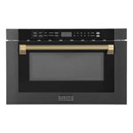 ZLINE Autograph Edition 24 in. 1.2 cu. ft. Built-in Microwave Drawer in Black Stainless Steel and Champagne Bronze Helix Handle (MWDZ-1-BS-H-KCB) front.