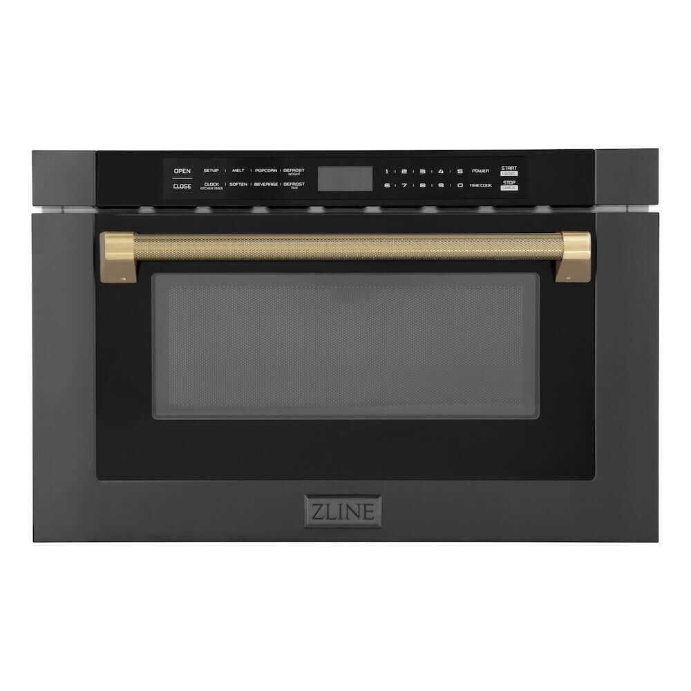 ZLINE Autograph Edition 24 in. 1.2 cu. ft. Built-in Microwave Drawer in Black Stainless Steel and Champagne Bronze Helix Handle (MWDZ-1-BS-H-KCB) front.