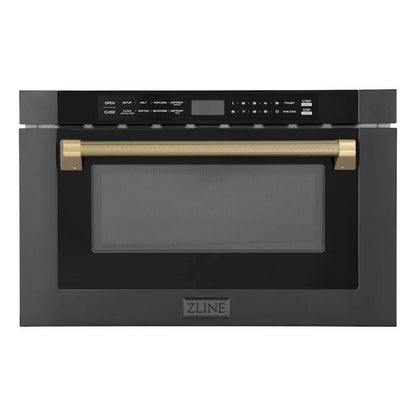 ZLINE Autograph Edition 24 in. 1.2 cu. ft. Built-in Microwave Drawer in Black Stainless Steel and Champagne Bronze Helix Handle (MWDZ-1-BS-H-KCB) front.