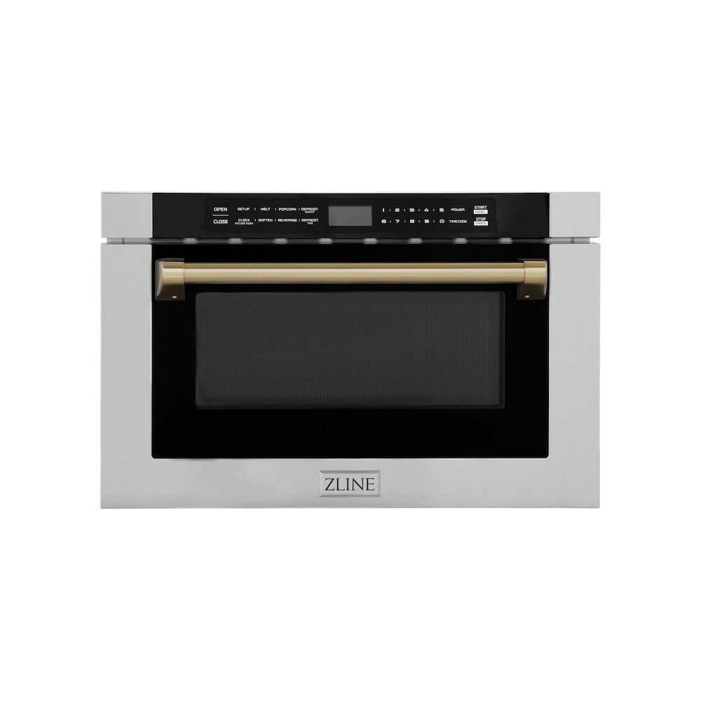 ZLINE Autograph Edition 24 in. 1.2 cu. ft. Built-in Microwave Drawer with a Traditional Handle in Stainless Steel and Champagne Bronze Accents (MWDZ-1-H-CB)