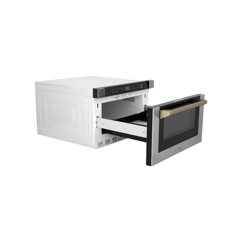 ZLINE Autograph Edition 24 in. 1.2 cu. ft. Built-in Microwave Drawer with a Traditional Handle in Stainless Steel and Champagne Bronze Accents (MWDZ-1-H-CB) side, fully open.
