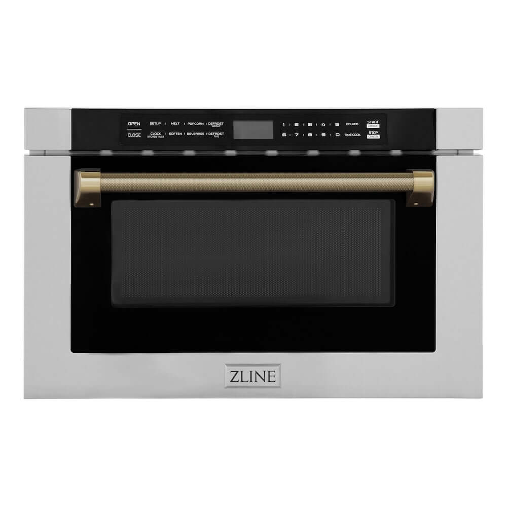 ZLINE Autograph Edition 24 in. 1.2 cu. ft. Built-in Microwave Drawer in Stainless Steel and Champagne Bronze Helix Handle (MWDZ-1-H-KCB) main image.