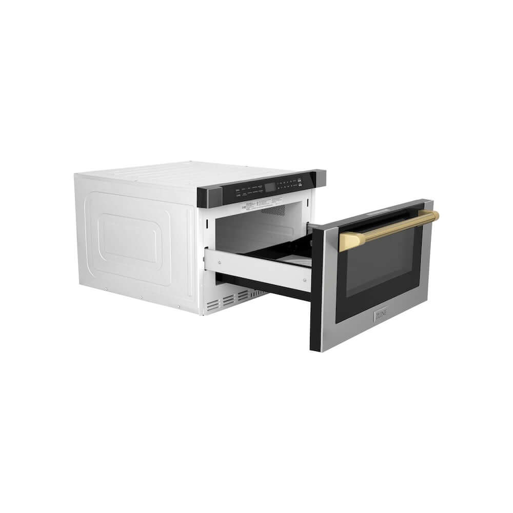 ZLINE Autograph Edition 24 in. 1.2 cu. ft. Built-in Microwave Drawer in Stainless Steel and Polished Gold Helix Handle (MWDZ-1-H-KG) side, open.