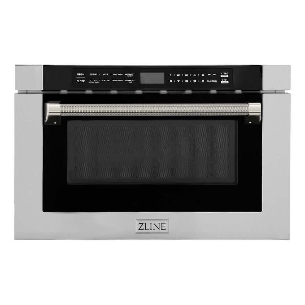 ZLINE Autograph Edition 24 in. 1.2 cu. ft. Built-in Microwave Drawer in Stainless Steel and Polished Nickel Helix Handle (MWDZ-1-H-KPN) main image.