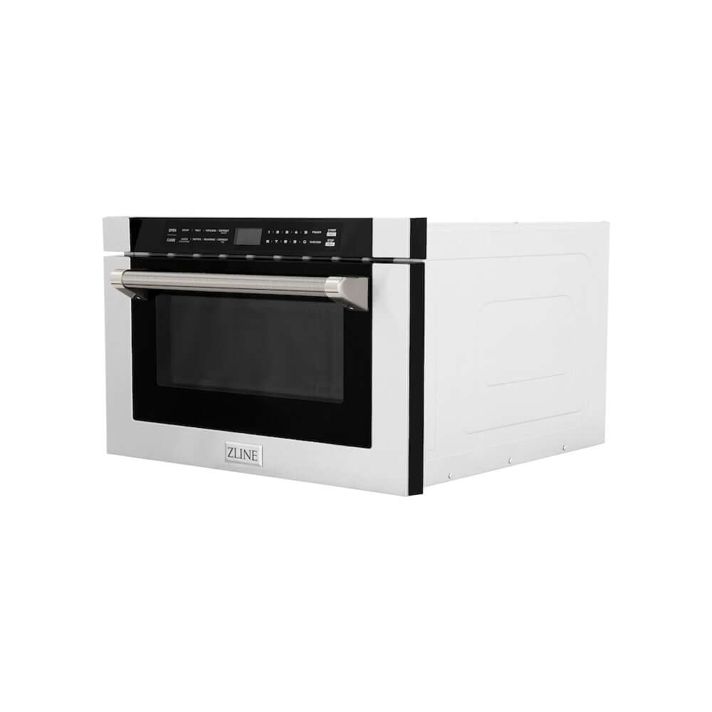 ZLINE Autograph Edition 24 in. 1.2 cu. ft. Built-in Microwave Drawer in Stainless Steel and Polished Nickel Helix Handle (MWDZ-1-H-KPN) side.