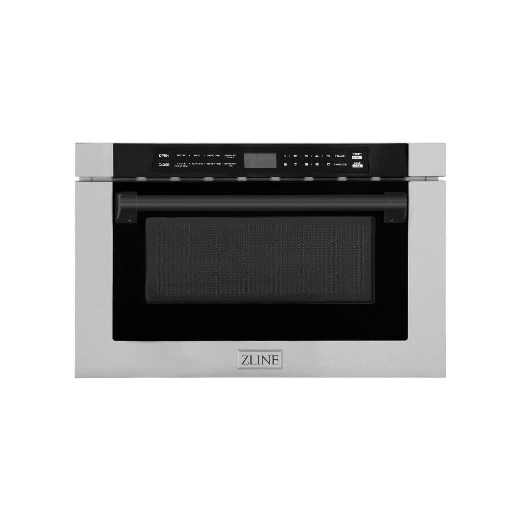ZLINE Autograph Edition 24 in. 1.2 cu. ft. Built-in Microwave Drawer with a Traditional Handle in Stainless Steel and Matte Black Accents (MWDZ-1-H-MB) Front View Drawer Closed