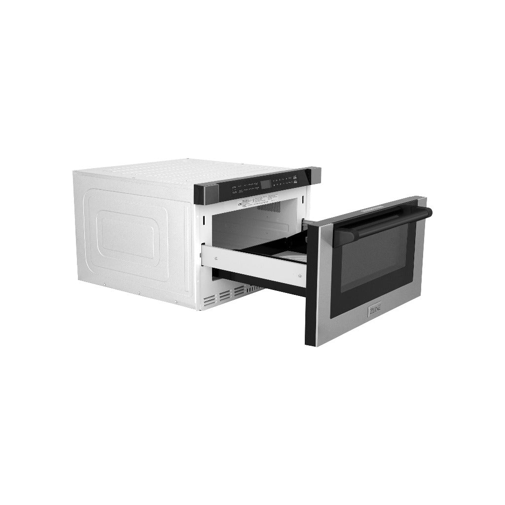 ZLINE Autograph Edition 24 in. 1.2 cu. ft. Built-in Microwave Drawer with a Traditional Handle in Stainless Steel and Matte Black Accents (MWDZ-1-H-MB) Opposite Side View Drawer Open