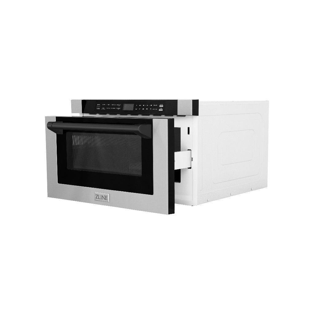 ZLINE Autograph Edition 24 in. 1.2 cu. ft. Built-in Microwave Drawer with a Traditional Handle in Stainless Steel and Matte Black Accents (MWDZ-1-H-MB) Side View Drawer Open