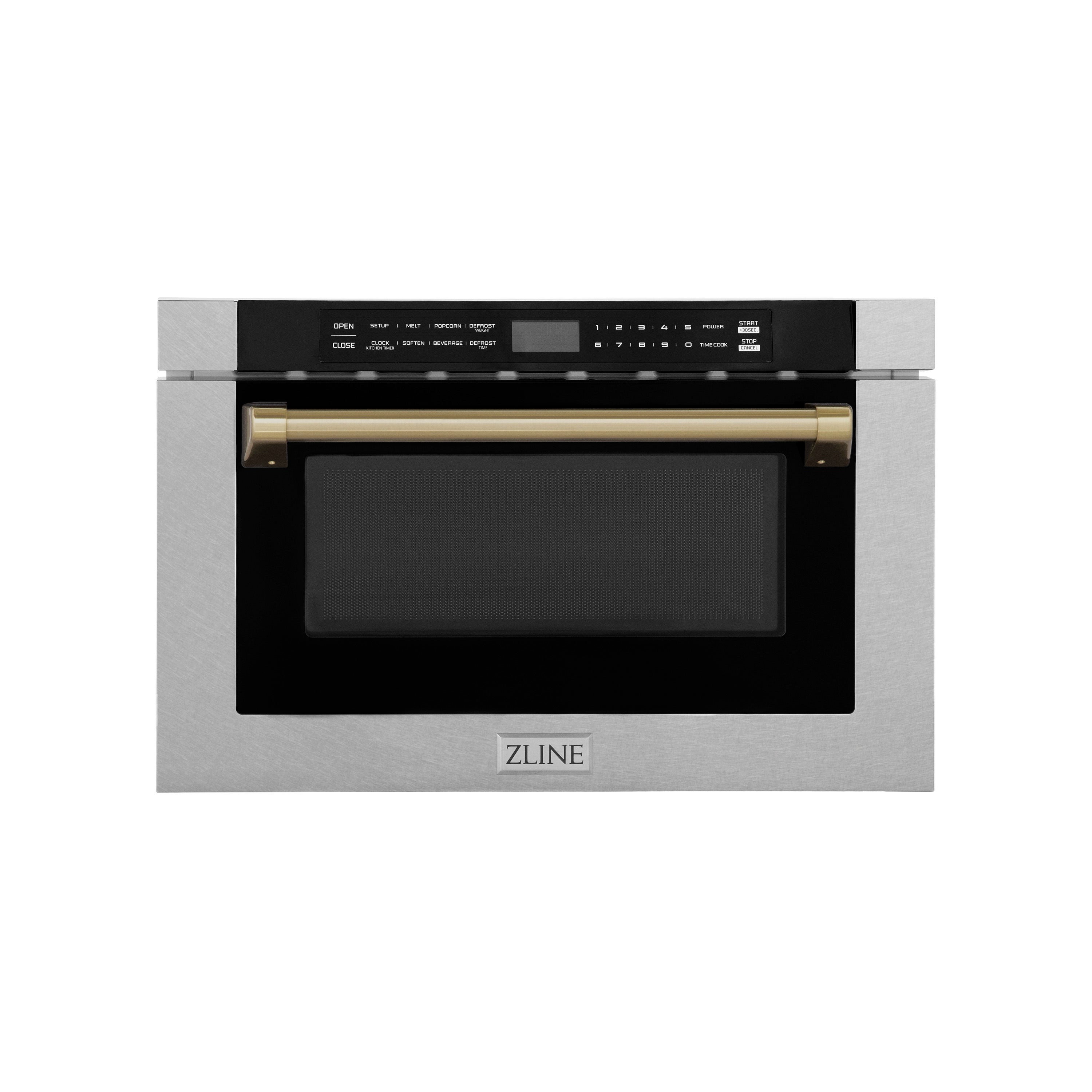 ZLINE Autograph Edition 24 in. Microwave in DuraSnow Stainless Steel with Traditional Handles and Champagne Bronze Accents (MWDZ-1-SS-H-CB) Front View Drawer Closed