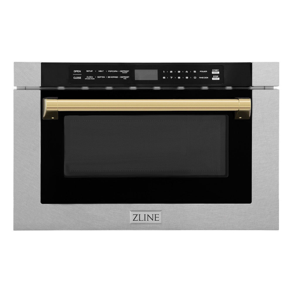 ZLINE Autograph Edition 24 in. Microwave in Fingerprint Resistant Stainless Steel with Traditional Handles and Polished Gold Accents (MWDZ-1-SS-H-G)