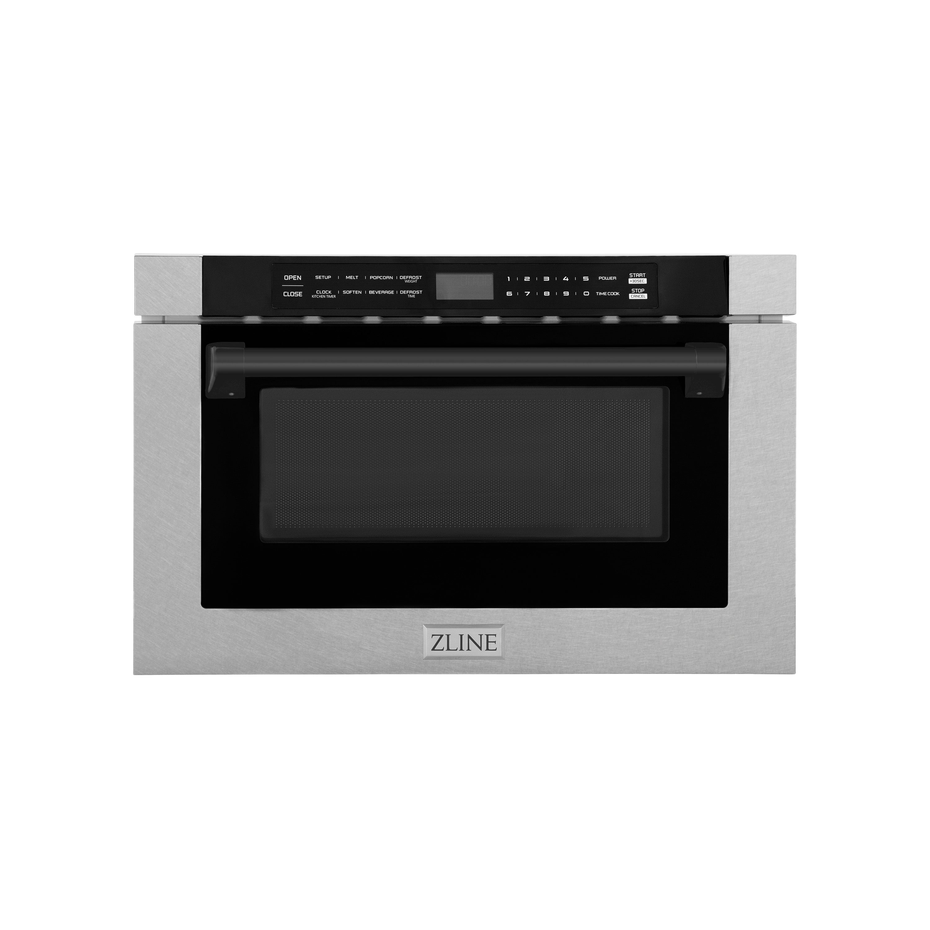 ZLINE Autograph Edition 24 in. Microwave in DuraSnow Stainless Steel with Traditional Handles and Matte Black Accents (MWDZ-1-SS-H-MB) Front View Drawer Closed