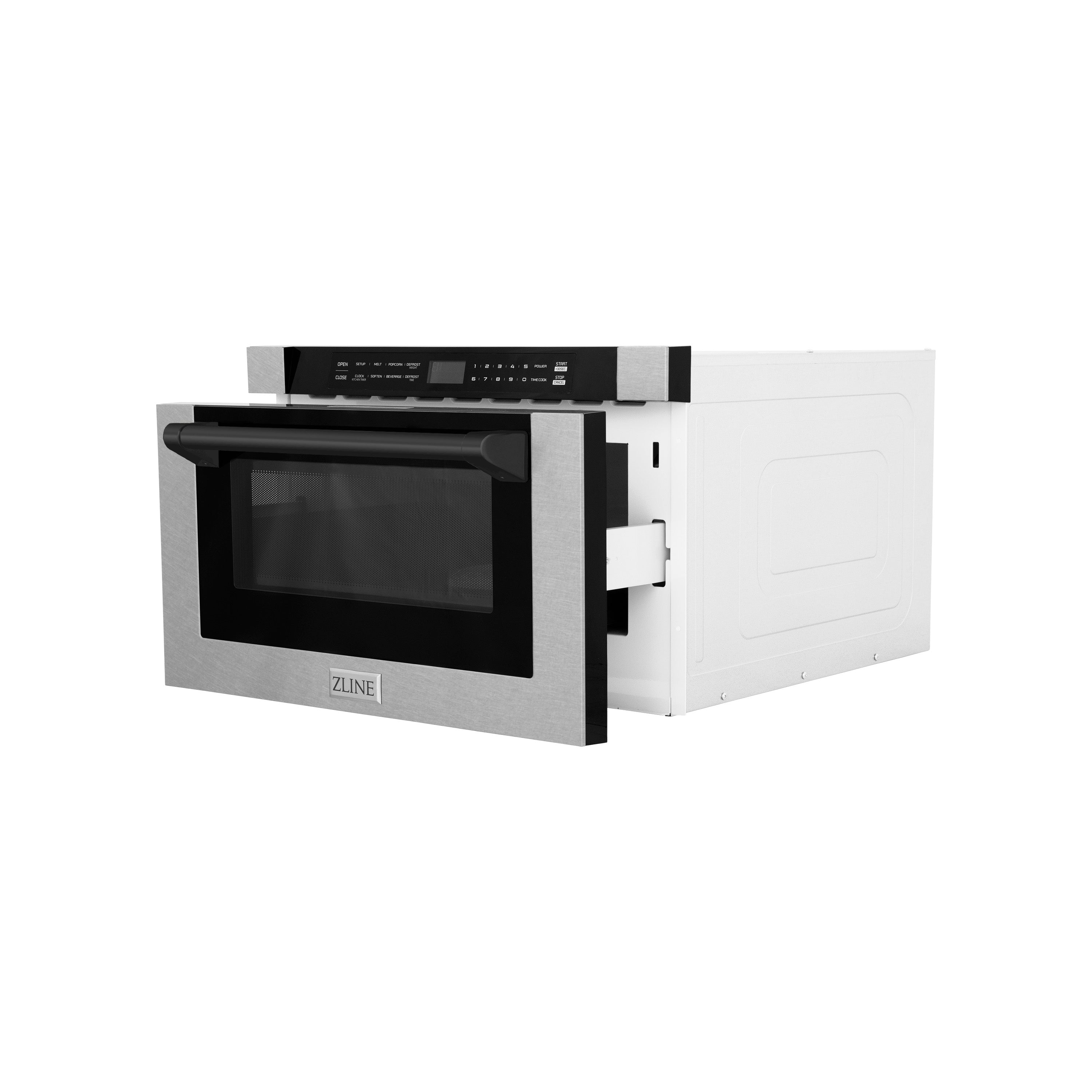 ZLINE Autograph Edition 24 in. Microwave in DuraSnow Stainless Steel with Traditional Handles and Matte Black Accents (MWDZ-1-SS-H-MB) Side View Drawer Open