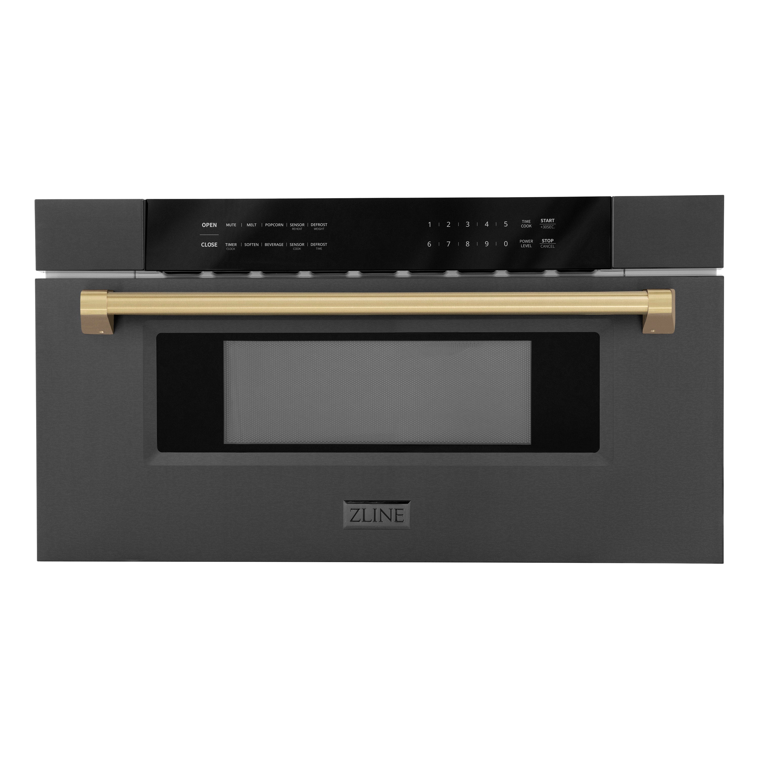 ZLINE Autograph Edition 30 in. 1.2 cu. ft. Built-in Microwave Drawer in Black Stainless Steel with Champagne Bronze Accents (MWDZ-30-BS-CB) Front View Drawer Closed