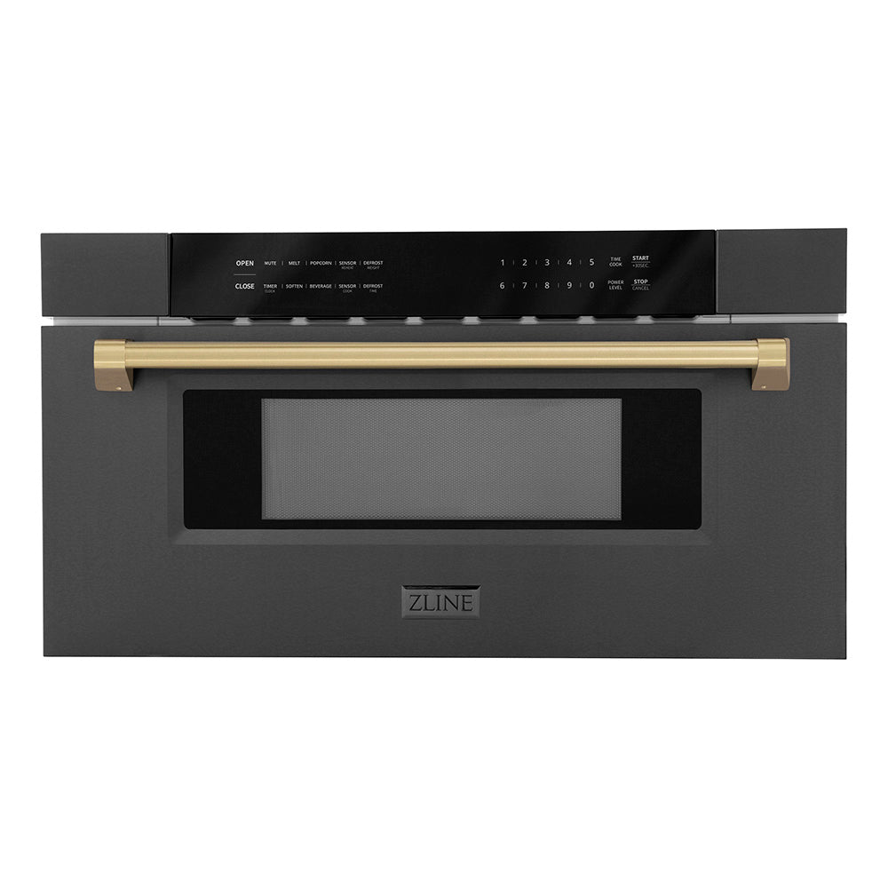 ZLINE Autograph Edition 30 in. 1.2 cu. ft. Built-in Microwave Drawer in Black Stainless Steel and Champagne Bronze Accents (MWDZ-30-BS-CB) main image.