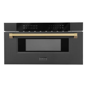 ZLINE Autograph Edition 30 in. 1.2 cu. ft. Built-in Microwave Drawer in Black Stainless Steel and Champagne Bronze Accents (MWDZ-30-BS-CB) main image.