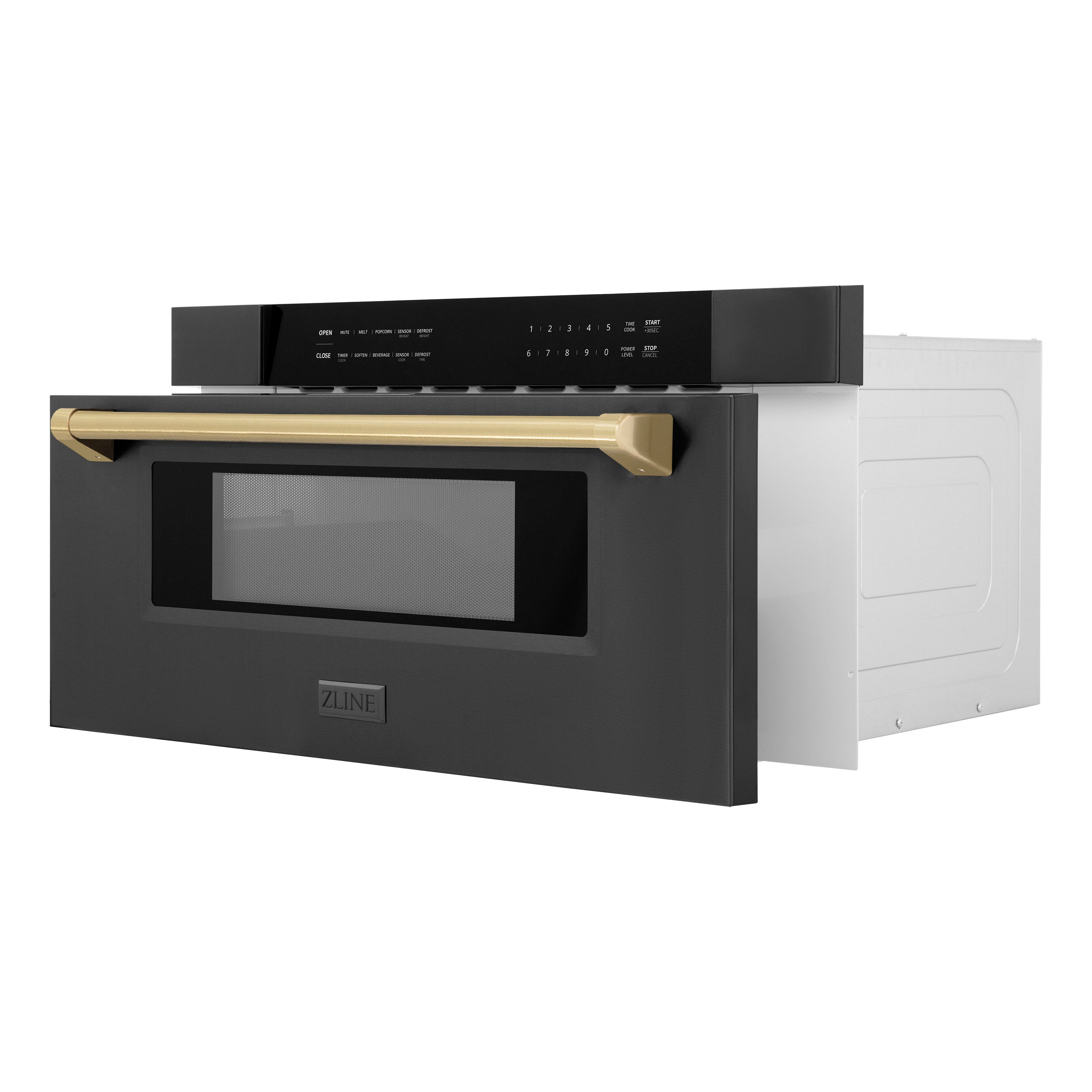 ZLINE Autograph Edition 30 in. 1.2 cu. ft. Built-in Microwave Drawer in Black Stainless Steel with Champagne Bronze Accents (MWDZ-30-BS-CB) Side View Drawer Open