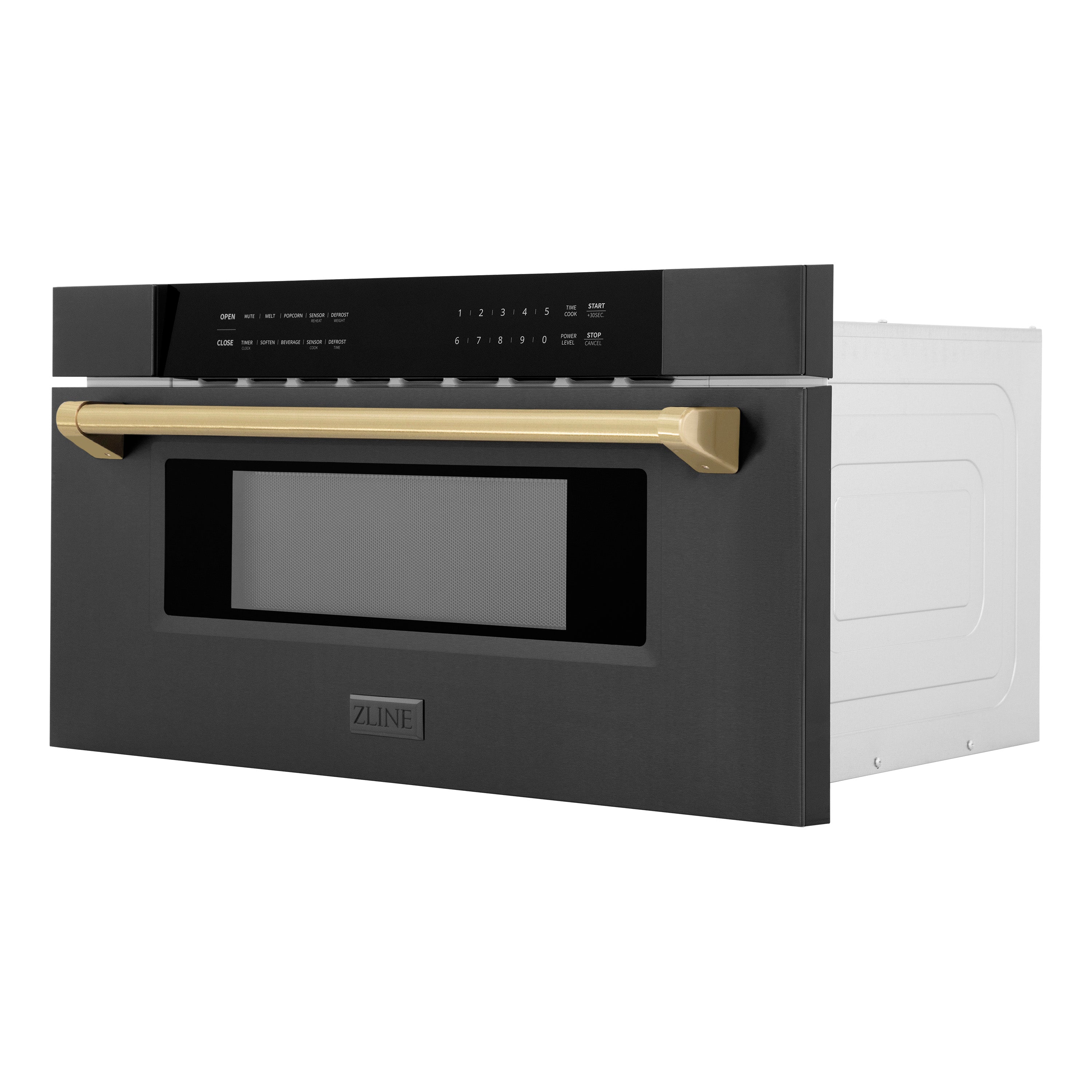 ZLINE Autograph Edition 30 in. 1.2 cu. ft. Built-in Microwave Drawer in Black Stainless Steel with Champagne Bronze Accents (MWDZ-30-BS-CB) Side View Drawer Closed