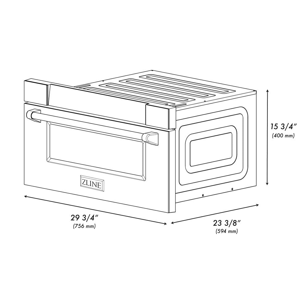 ZLINE Autograph Edition 30 in. 1.2 cu. ft. Built-in Microwave Drawer in Black Stainless Steel with Polished Gold Accents (MWDZ-30-BS-G) dimensional diagram.