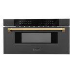 ZLINE Autograph Edition 30 in. 1.2 cu. ft. Built-in Microwave Drawer in Black Stainless Steel with Polished Gold Accents (MWDZ-30-BS-G) front, closed.