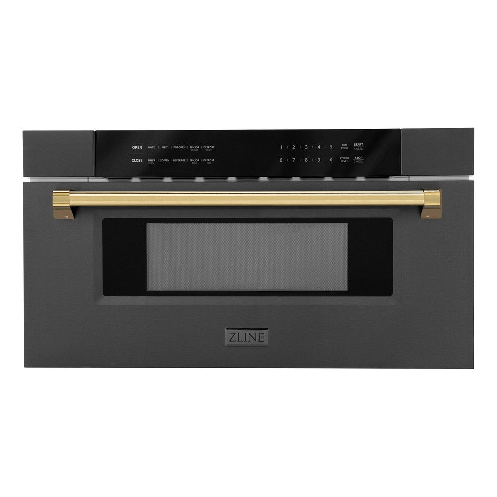 ZLINE Autograph Edition 30 in. 1.2 cu. ft. Built-in Microwave Drawer in Black Stainless Steel with Polished Gold Accents (MWDZ-30-BS-G) front, closed.