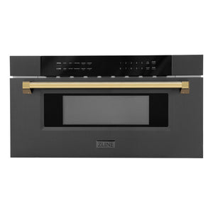 ZLINE Autograph Edition 30 in. 1.2 cu. ft. Built-in Microwave Drawer in Black Stainless Steel with Polished Gold Accents (MWDZ-30-BS-G) main image.