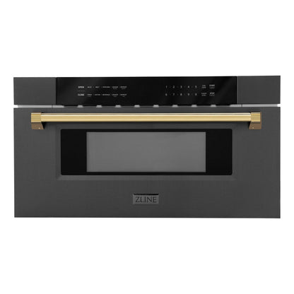 ZLINE Autograph Edition 30 in. 1.2 cu. ft. Built-in Microwave Drawer in Black Stainless Steel with Polished Gold Accents (MWDZ-30-BS-G) front, closed.
