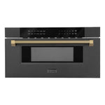 ZLINE Autograph Edition 30 in. 1.2 cu. ft. Built-in Microwave Drawer in Black Stainless Steel and Champagne Bronze Helix Handle (MWDZ-30-BS-KCB) front.