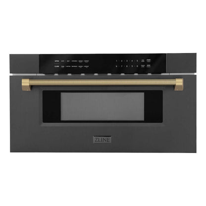 ZLINE Autograph Edition 30 in. 1.2 cu. ft. Built-in Microwave Drawer in Black Stainless Steel and Champagne Bronze Helix Handle (MWDZ-30-BS-KCB) front.