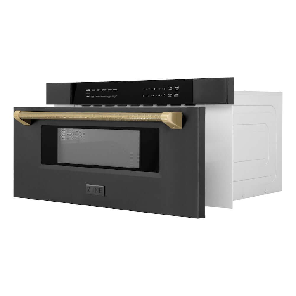 ZLINE Autograph Edition 30 in. 1.2 cu. ft. Built-in Microwave Drawer in Black Stainless Steel and Champagne Bronze Helix Handle (MWDZ-30-BS-KCB) side, open.