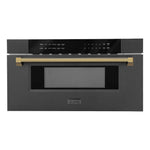 ZLINE Autograph Edition 30 in. 1.2 cu. ft. Built-in Microwave Drawer in Black Stainless Steel and Polished Gold Helix Handle (MWDZ-30-BS-KG) front.