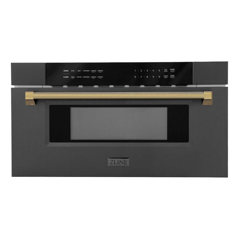 ZLINE Autograph Edition 30 in. 1.2 cu. ft. Built-in Microwave Drawer in Black Stainless Steel and Polished Gold Helix Handle (MWDZ-30-BS-KG) front.