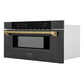 ZLINE Autograph Edition 30 in. 1.2 cu. ft. Built-in Microwave Drawer in Black Stainless Steel and Polished Gold Helix Handle (MWDZ-30-BS-KG) side.