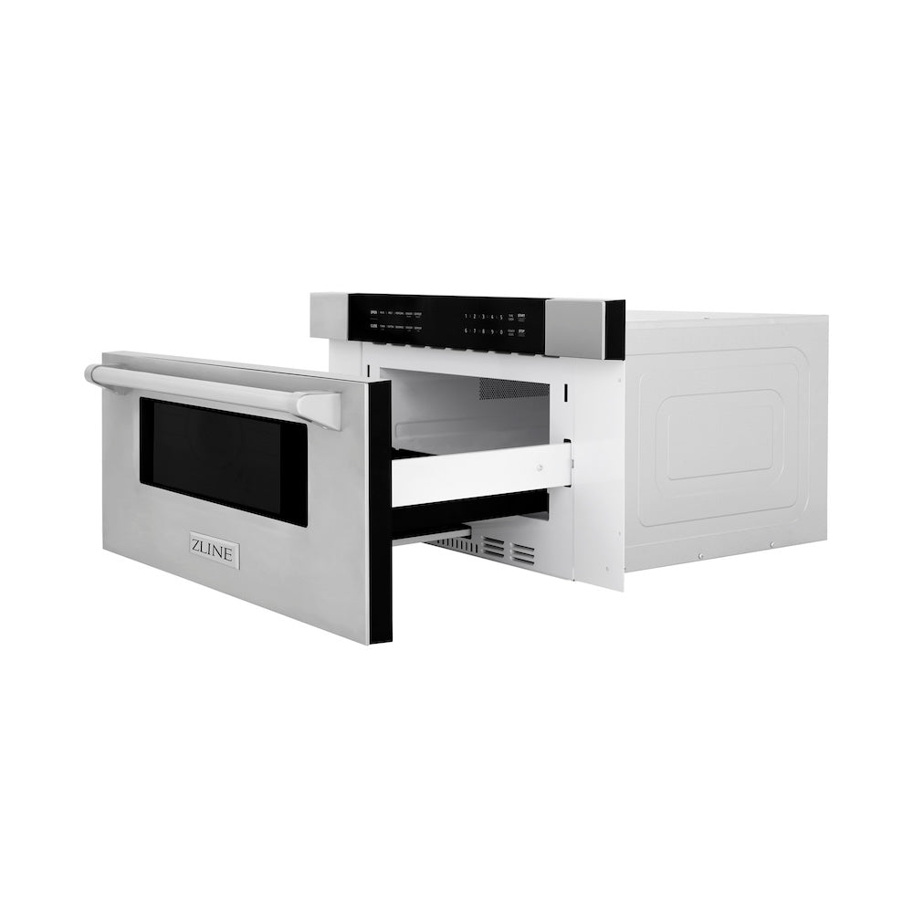 ZLINE 30 in. 1.2 cu. ft. Stainless Steel Built-In Microwave Drawer (MWD-30) side, open.