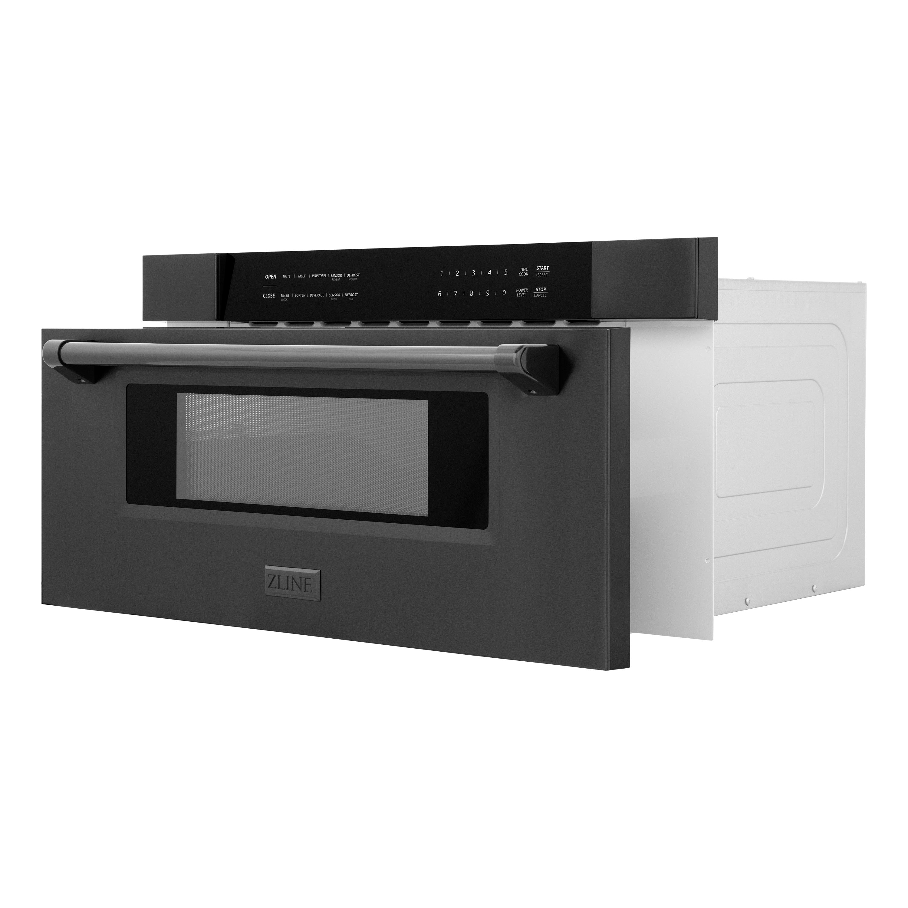 ZLINE 30 in. 1.2 cu. ft. Black Stainless Steel Built-In Microwave Drawer (MWD-30-BS) Side View Drawer Open