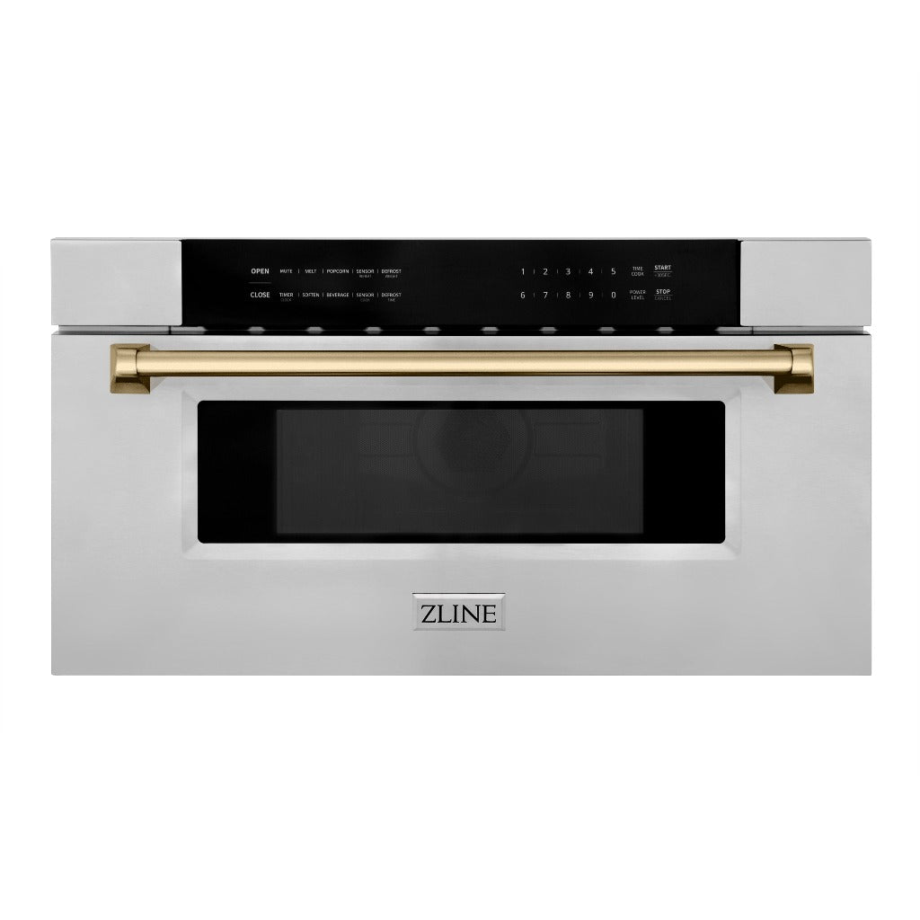ZLINE Autograph Edition 30 in. 1.2 cu. ft. Built-In Microwave Drawer in Stainless Steel with Champagne Bronze Accents (MWDZ-30-CB) front, closed.