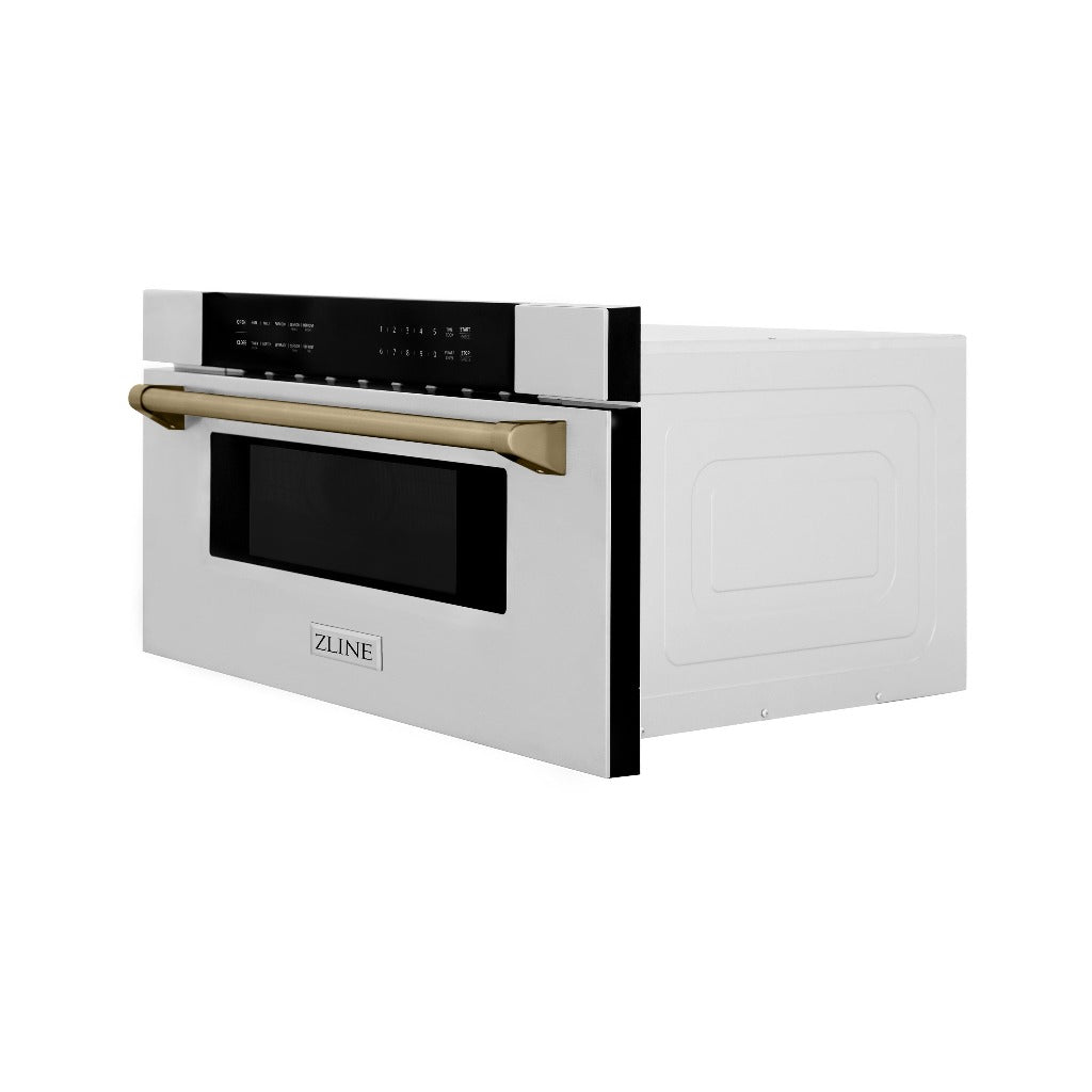 ZLINE Autograph Edition 30 in. 1.2 cu. ft. Built-In Microwave Drawer in Stainless Steel with Champagne Bronze Accents (MWDZ-30-CB) side, closed.