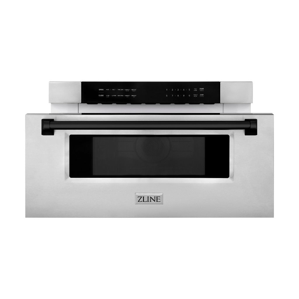 ZLINE Autograph Edition 30 in. 1.2 cu. ft. Built-In Microwave Drawer in Stainless Steel with Matte Black Accents (MWDZ-30-MB) Front View Drawer Open