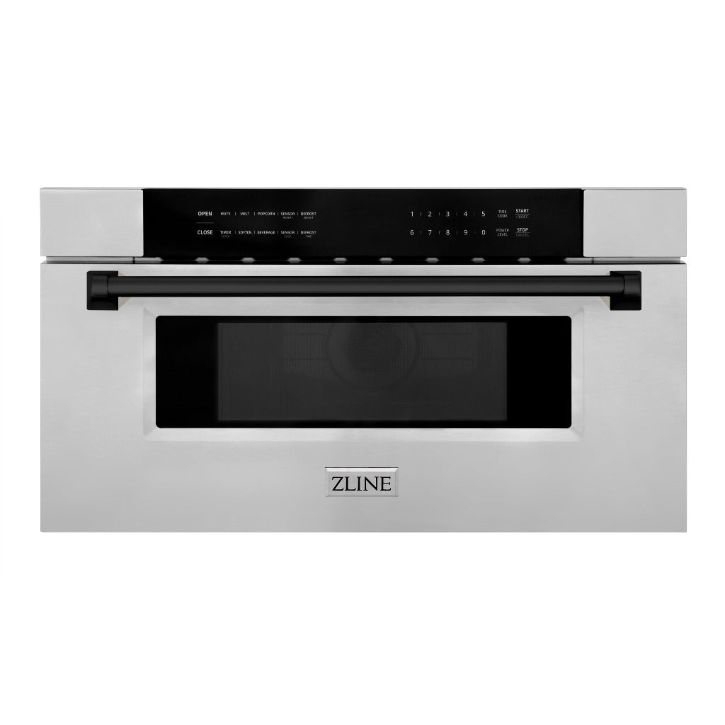 ZLINE Autograph Edition 30 in. 1.2 cu. ft. Built-In Microwave Drawer in Stainless Steel with Matte Black Accents (MWDZ-30-MB) front, closed.