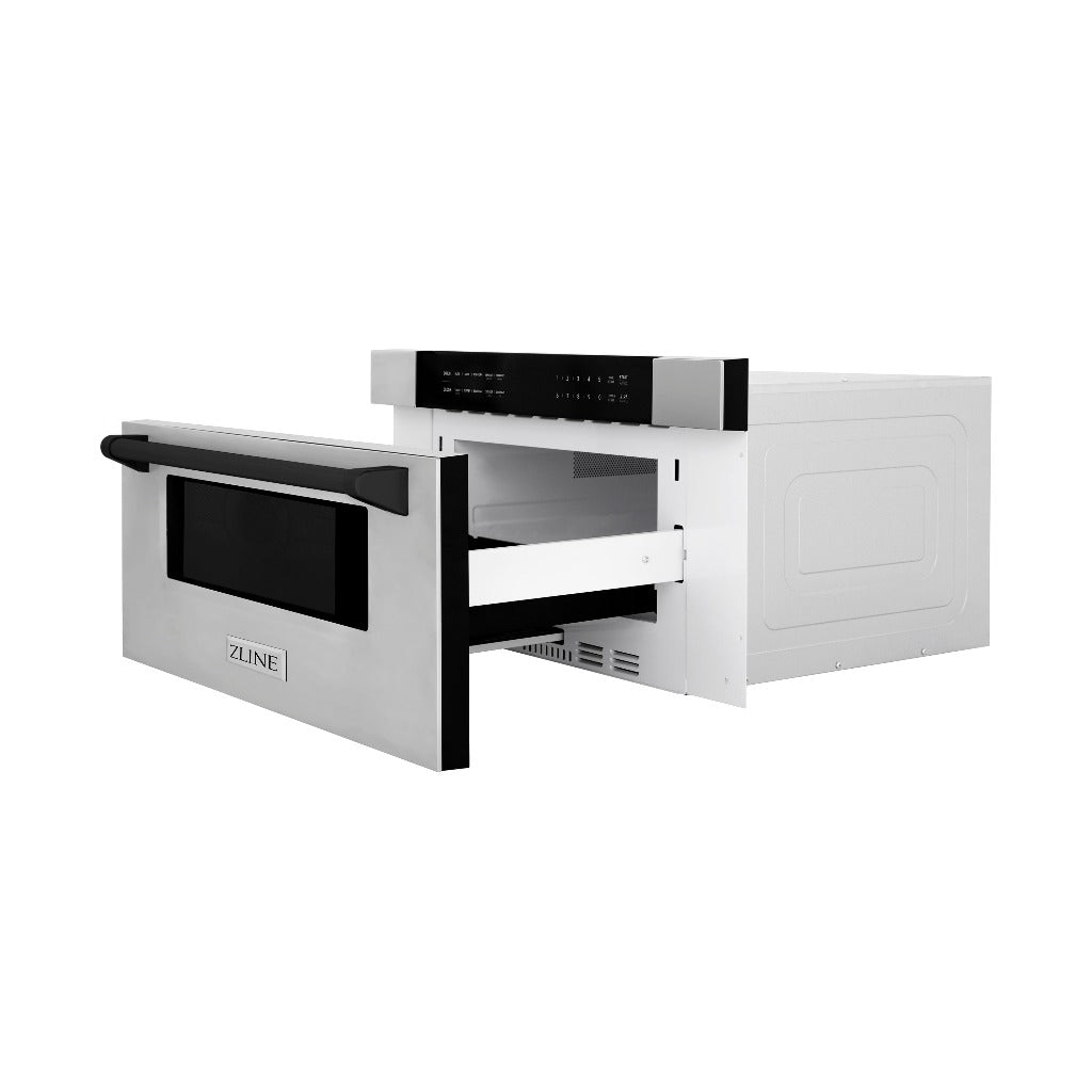 ZLINE Autograph Edition 30 in. 1.2 cu. ft. Built-In Microwave Drawer in Stainless Steel with Matte Black Accents (MWDZ-30-MB) Side View Drawer Open