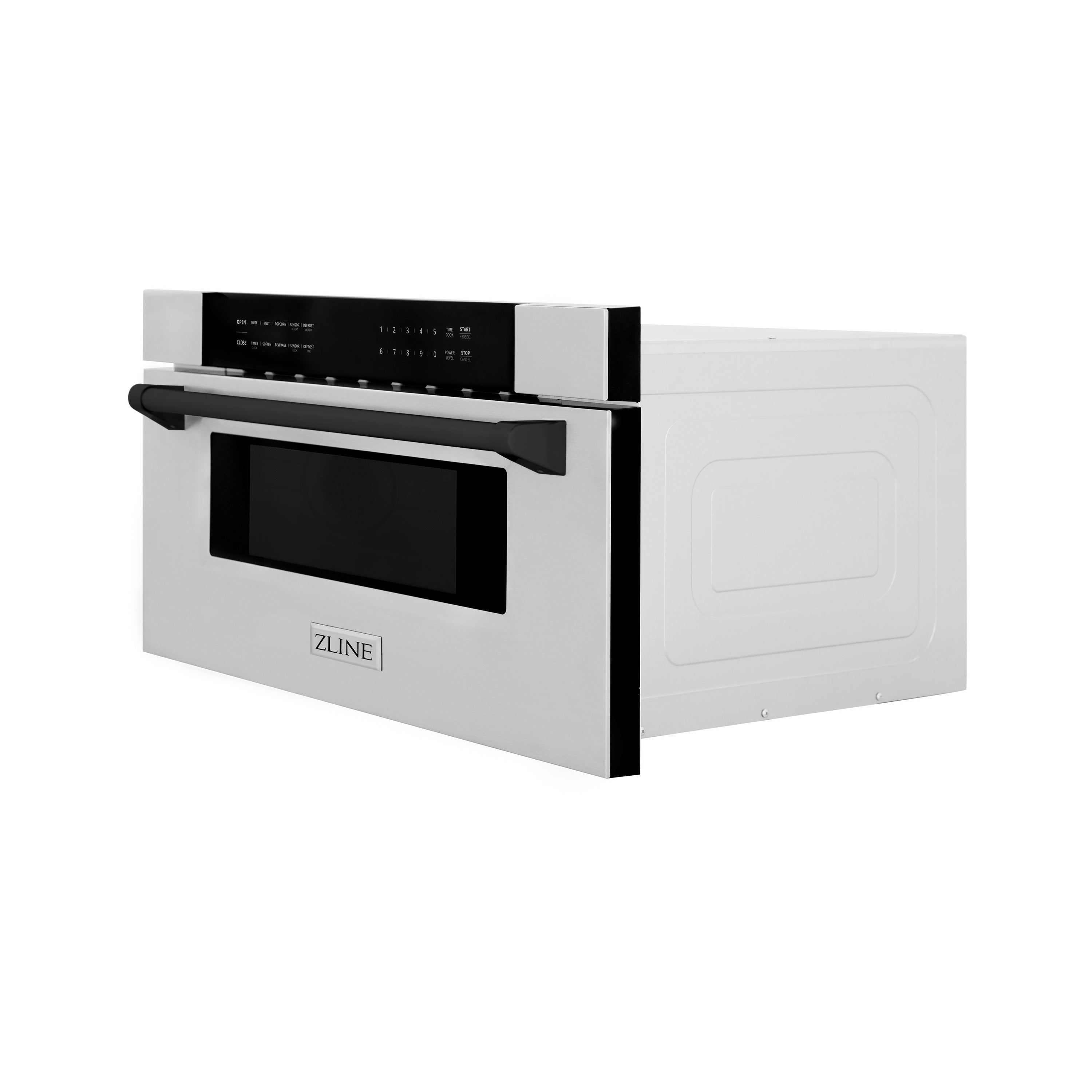 ZLINE Autograph Edition 30 in. 1.2 cu. ft. Built-In Microwave Drawer in Stainless Steel with Matte Black Accents (MWDZ-30-MB) Side View Drawer Closed