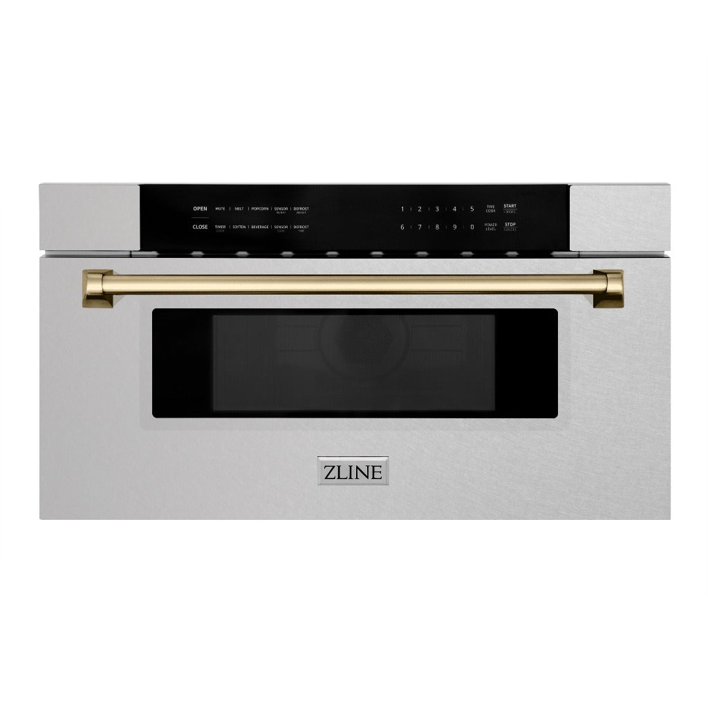 ZLINE Autograph Edition 30 in. 1.2 cu. ft. Built-In Microwave Drawer in Fingerprint Resistant Stainless Steel with Champagne Bronze Accents (MWDZ-30-SS-CB) front, closed.