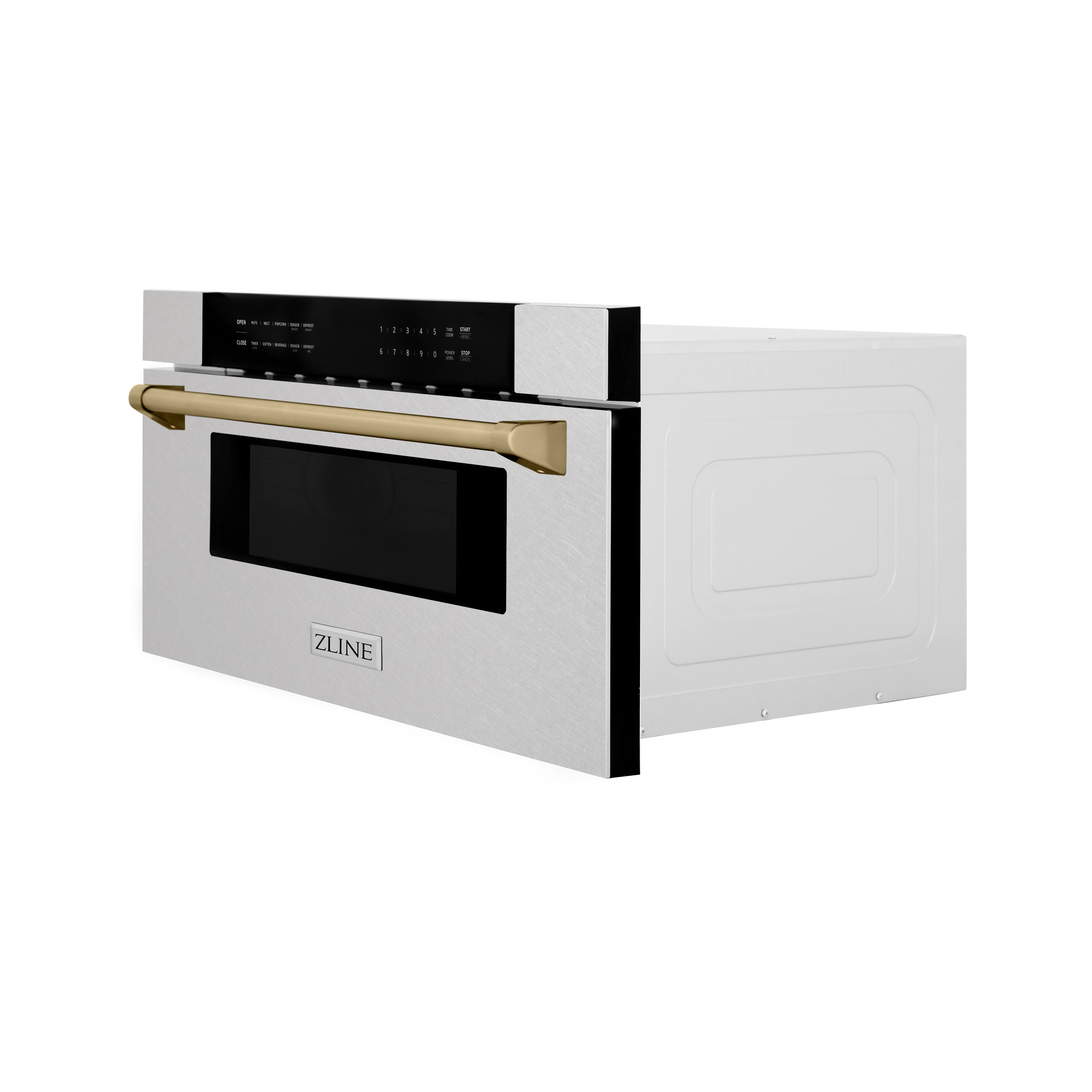 ZLINE Autograph Edition 30 in. 1.2 cu. ft. Built-In Microwave Drawer in Fingerprint Resistant Stainless Steel with Champagne Bronze Accents (MWDZ-30-SS-CB) Side View Drawer Closed