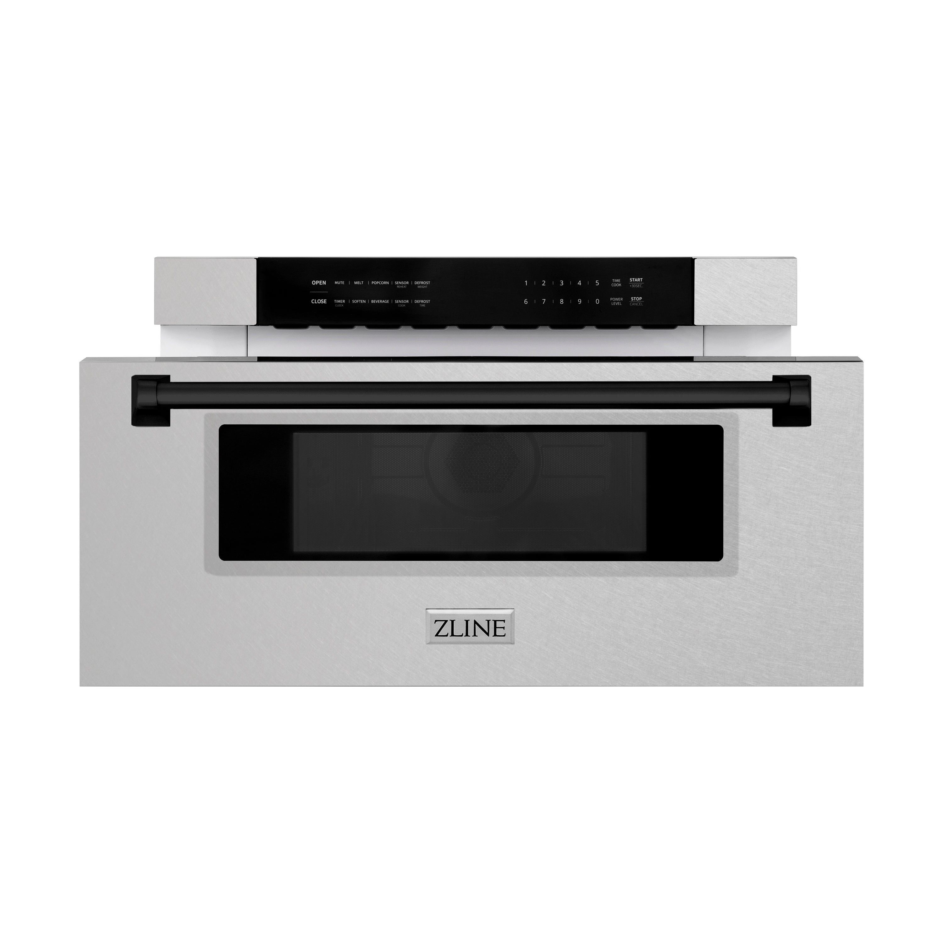 ZLINE Autograph Edition 30 in. 1.2 cu. ft. Built-In Microwave Drawer in Fingerprint Resistant Stainless Steel with Matte Black Accents (MWDZ-30-SS-MB) Front View Drawer Open