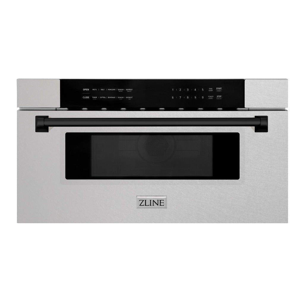 ZLINE Autograph Edition 30 in. 1.2 cu. ft. Built-In Microwave Drawer in Fingerprint Resistant Stainless Steel with Matte Black Accents (MWDZ-30-SS-MB) Front View Drawer Closed