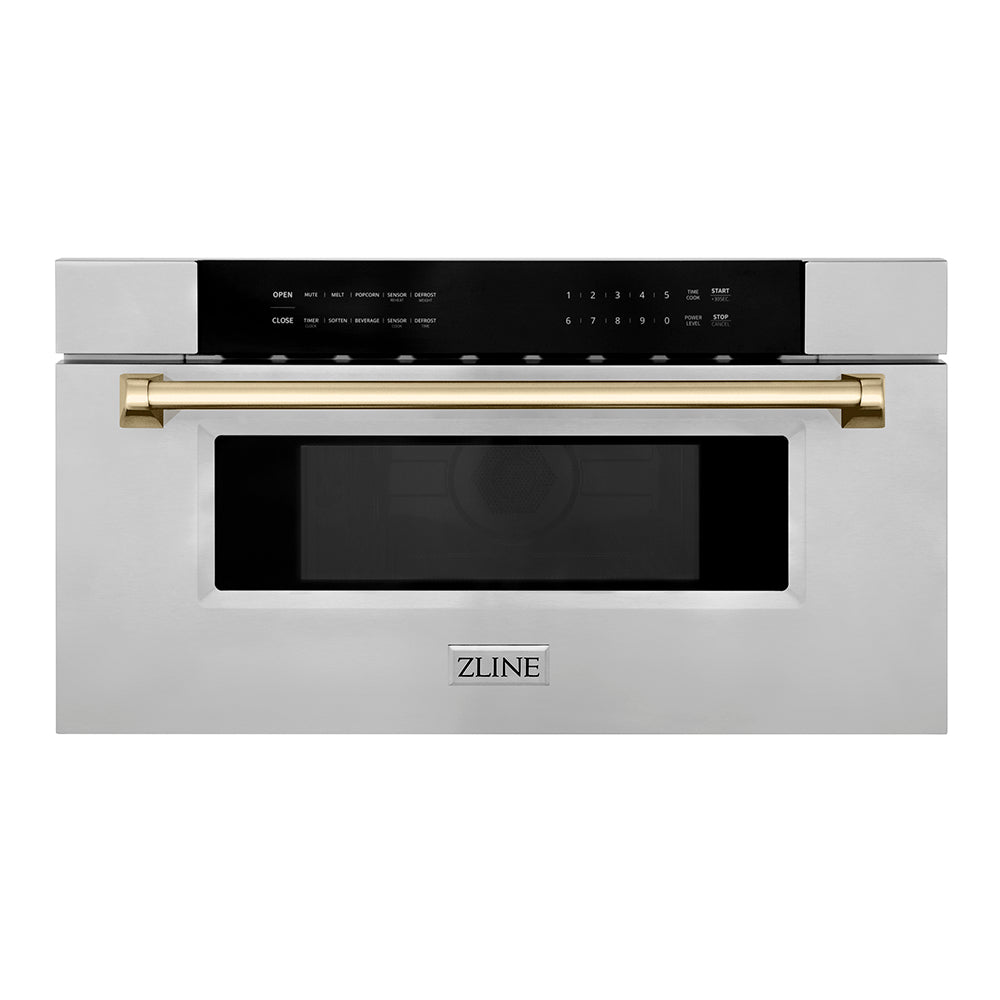 ZLINE Autograph Edition 30 in. 1.2 cu. ft. Built-In Microwave Drawer in Stainless Steel with Polished Gold Accents (MWDZ-30-G) main image.